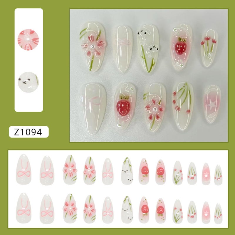 CJDLTS Flower Press on Nails Medium Almond Shaped 3D Cute Floral Blush Strawberry with Glossy Rabbit Pearl Stick on Nails Full Cover Artificial Acrylic Fingernails Glue on Nail for Women Manicure - Image 3
